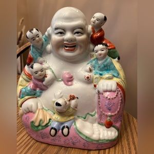 Vintage Chinese Happy Buddha Statue with 5 children Asian home decor